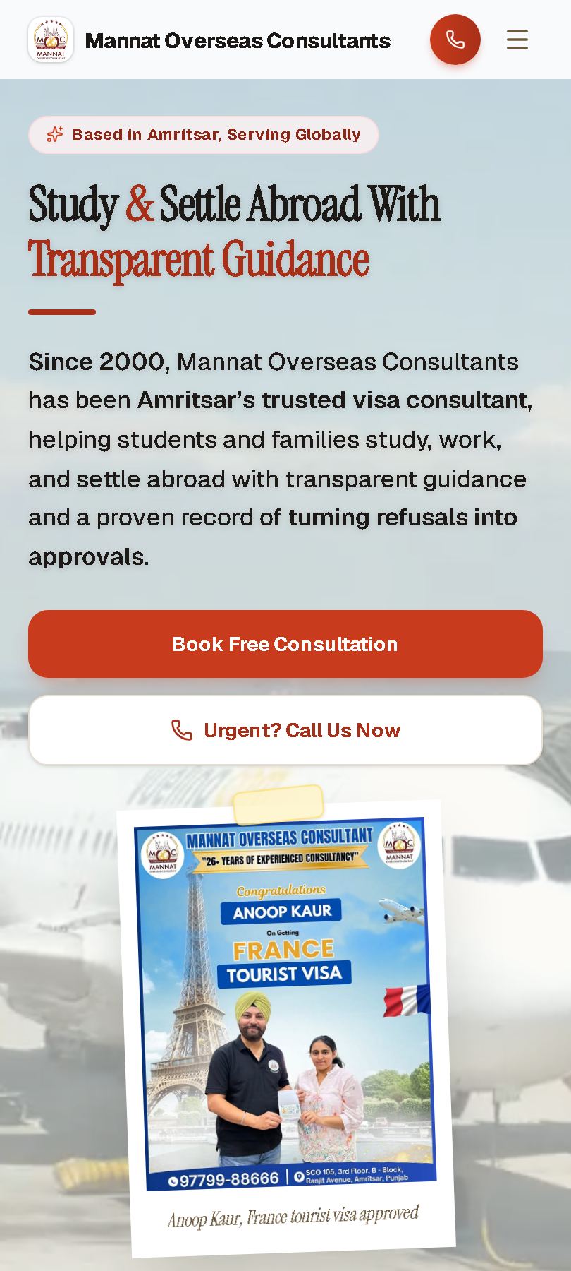 Mannat Overseas website homepage on mobile
